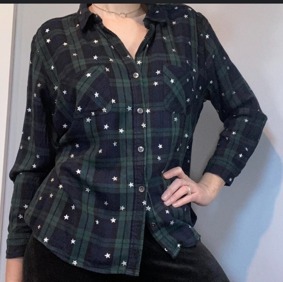 Rock & Republic Green Plaid Button Up Shirt XXL Long Sleeve Sparkle Star Print - Picture 11 of 11